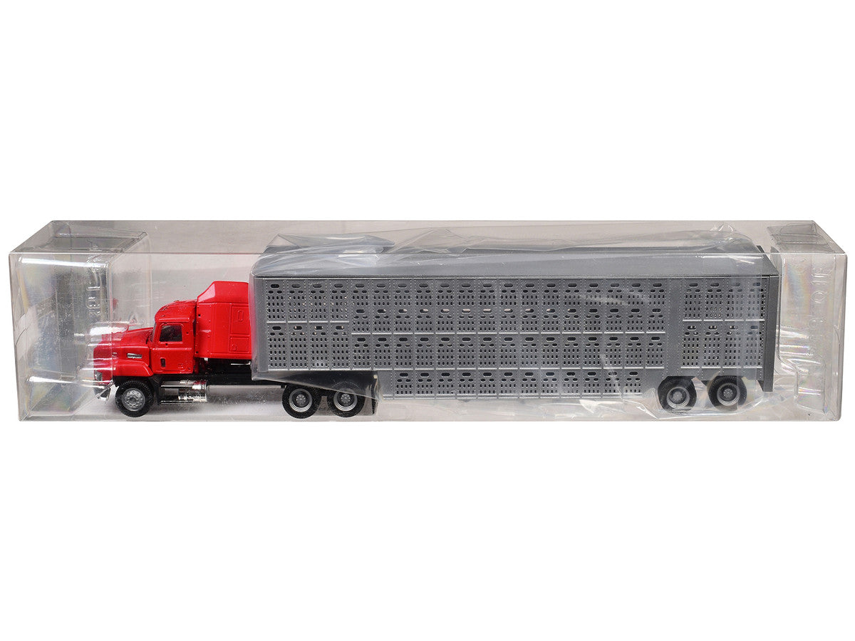 Mack CH 613 with Sleeper Cab Red with Silver Livestock Trailer 1/87 (HO) Plastic Model Car by Promotex by Promotex
