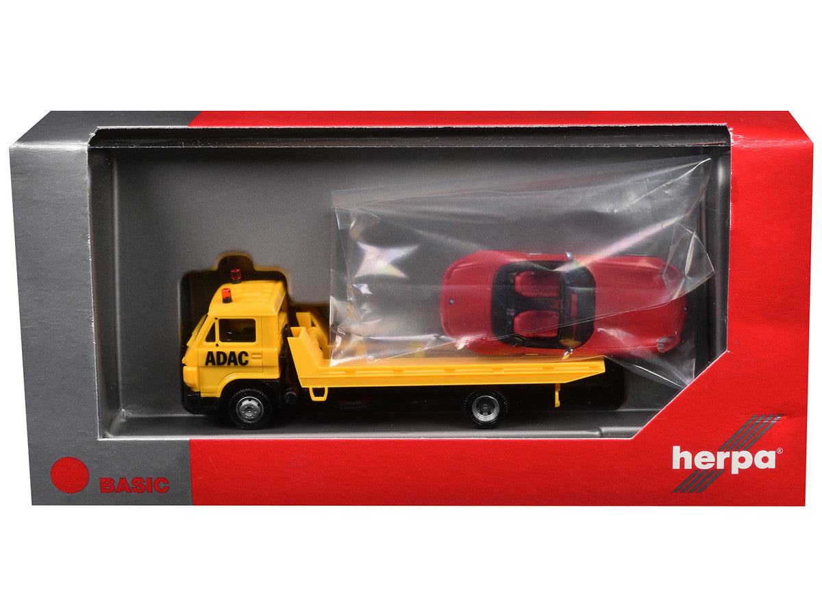 Flatbed Tow Truck "ADAC" Yellow and BMW Z4 Convertible Red Set of 2 pieces 1/87 (HO) Plastic Model Cars by Promotex by Promotex