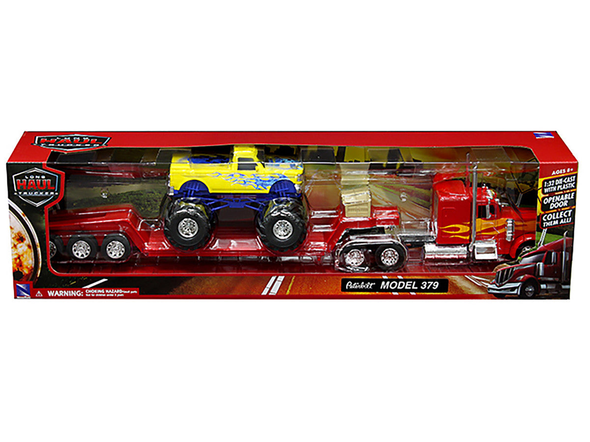 Peterbilt 379 Truck with Lowboy Trailer Red with Orange Flames and Monster Truck Yellow with Blue Flames "Long Haul Truckers" Series 1/32 Diecast Model by New Ray by New Ray