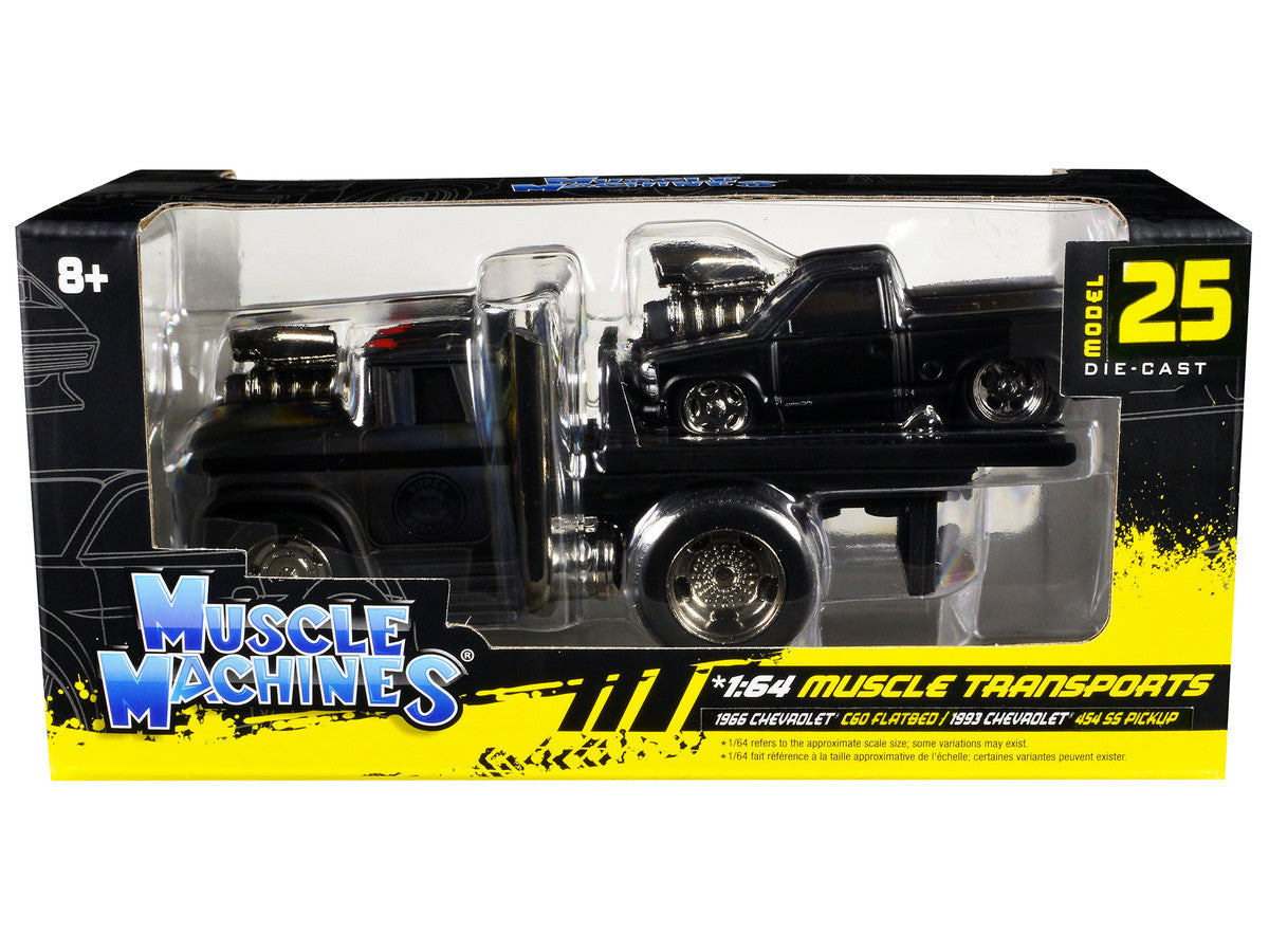 1966 Chevrolet C60 Flatbed Truck Matt Black and 1993 Chevrolet 454 SS Pickup Truck Matt Black "Muscle Transports" Series 1/64 Diecast Models by Muscle Machines by Muscle Machines
