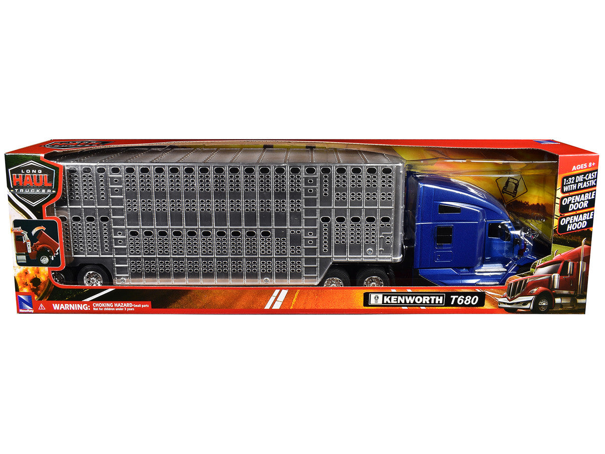 Kenworth T680 Truck Blue Metallic with Livestock Trailer Chrome "Long Haul Trucker" Series 1/32 Diecast Model by New Ray by New Ray