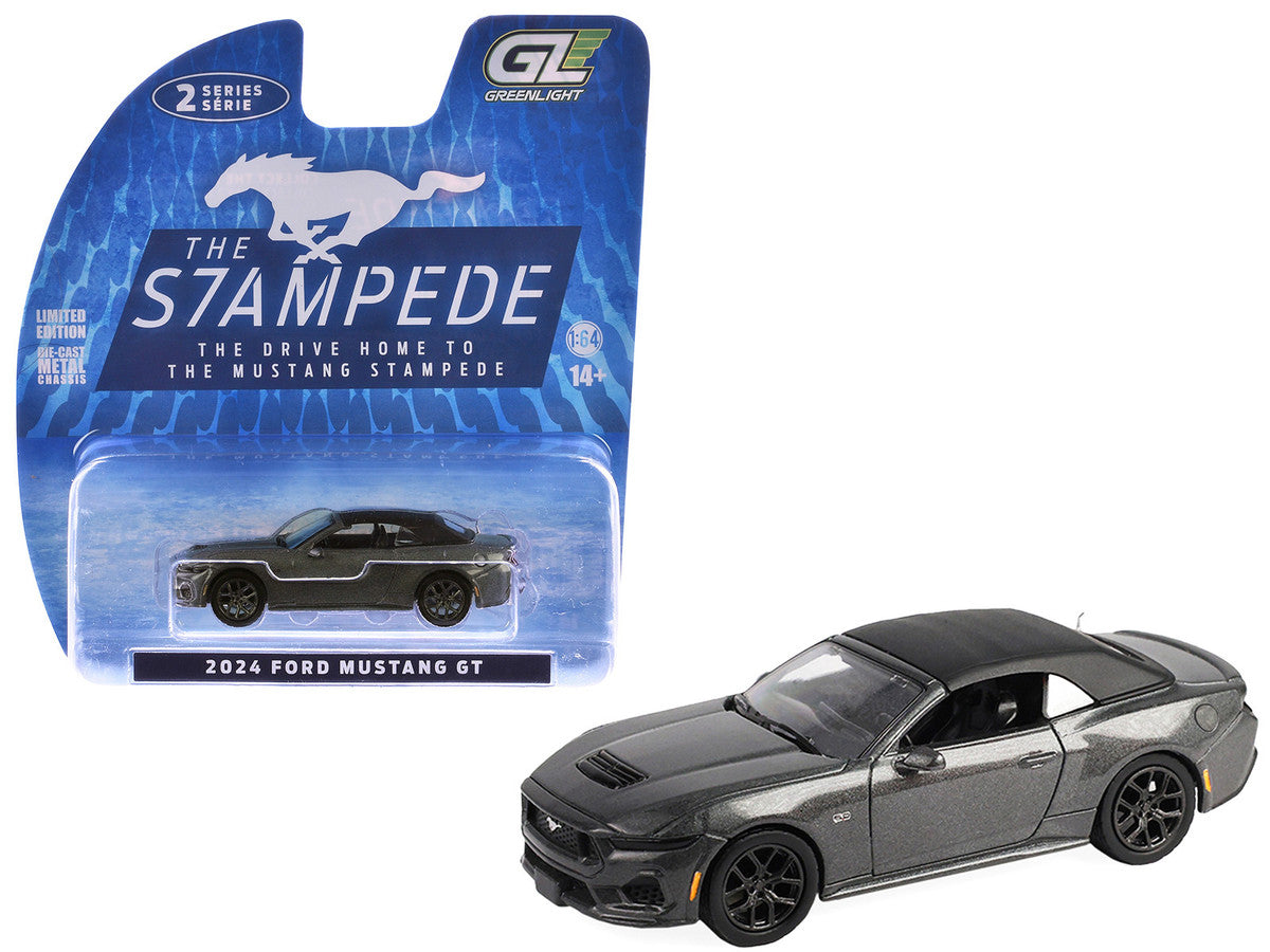 2024 Ford Mustang GT 5.0 Convertible Dark Matter Gray Metallic with Black Soft Top "Stampede" Series 2 1/64 Diecast Model Car by Greenlight by Greenlight
