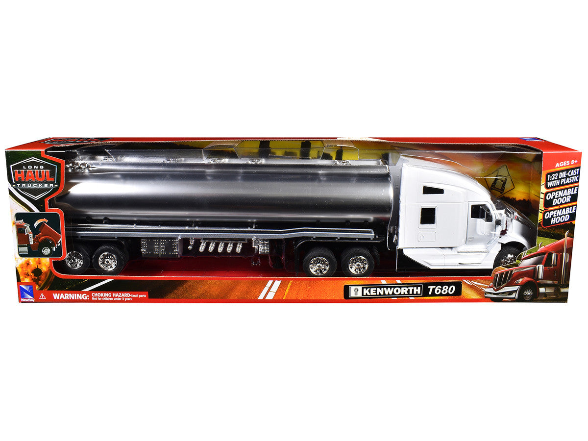 Kenworth T680 Truck White with Oil Tanker Trailer Chrome "Long Haul Trucker" Series 1/32 Diecast Model by New Ray by New Ray