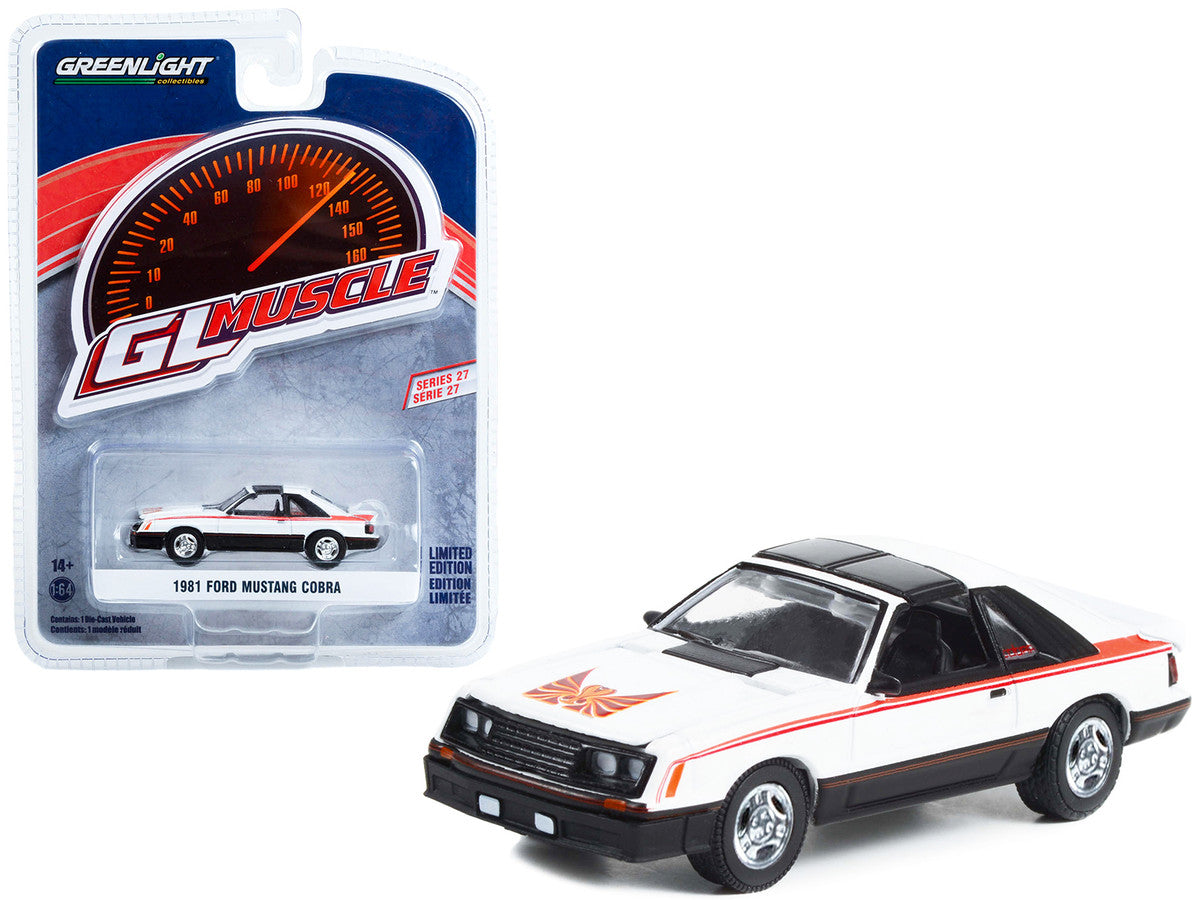 1981 Ford Mustang Cobra Polar White and Black with Red Stripes "Greenlight Muscle" Series 27 1/64 Diecast Model Car by Greenlight by Greenlight