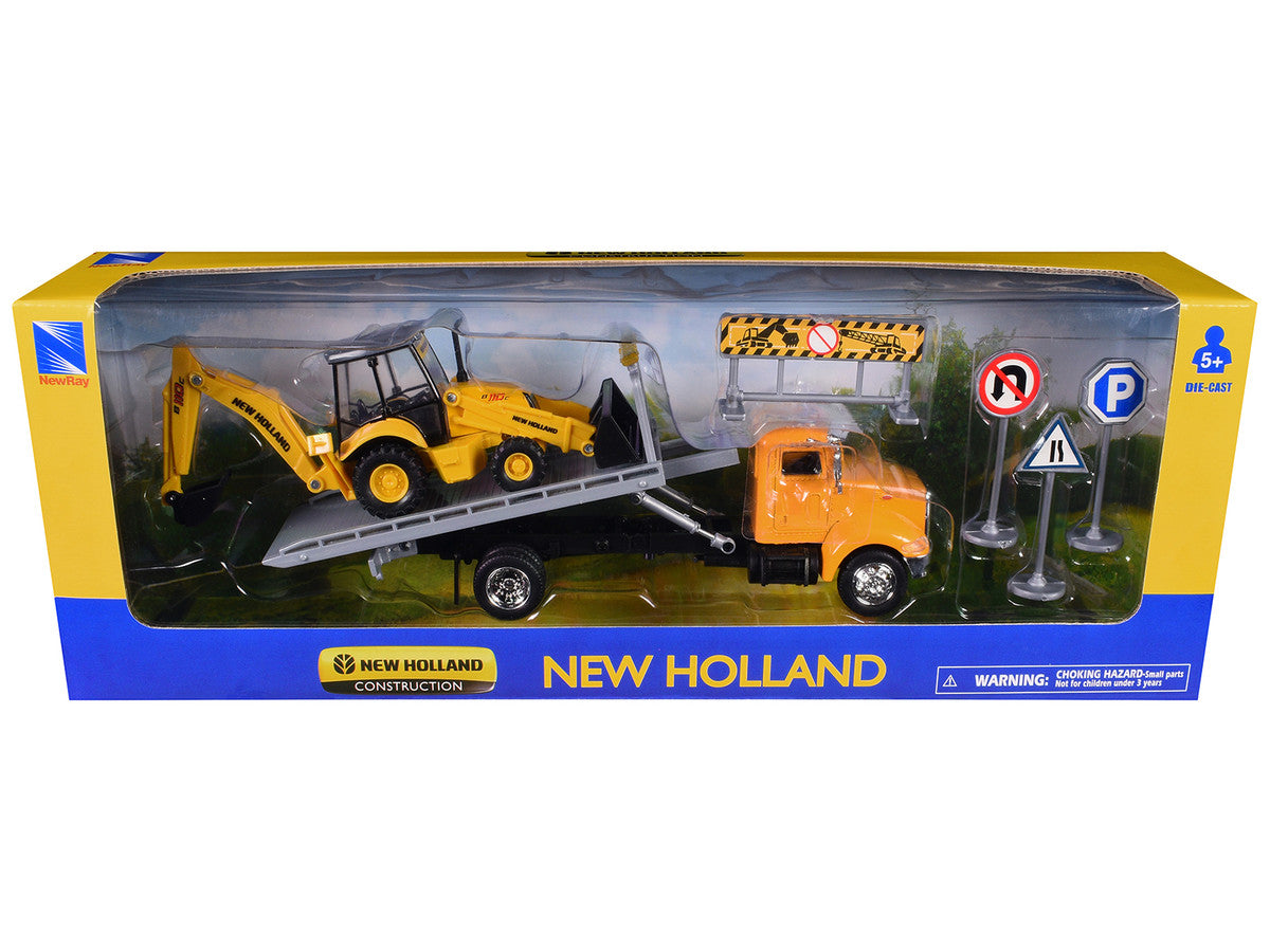 Peterbilt 335 Roll-Off Flatbed Truck and New Holland B110C Backhoe Loader with Street Signs "New Holland Construction" Diecast Models by New Ray by New Ray