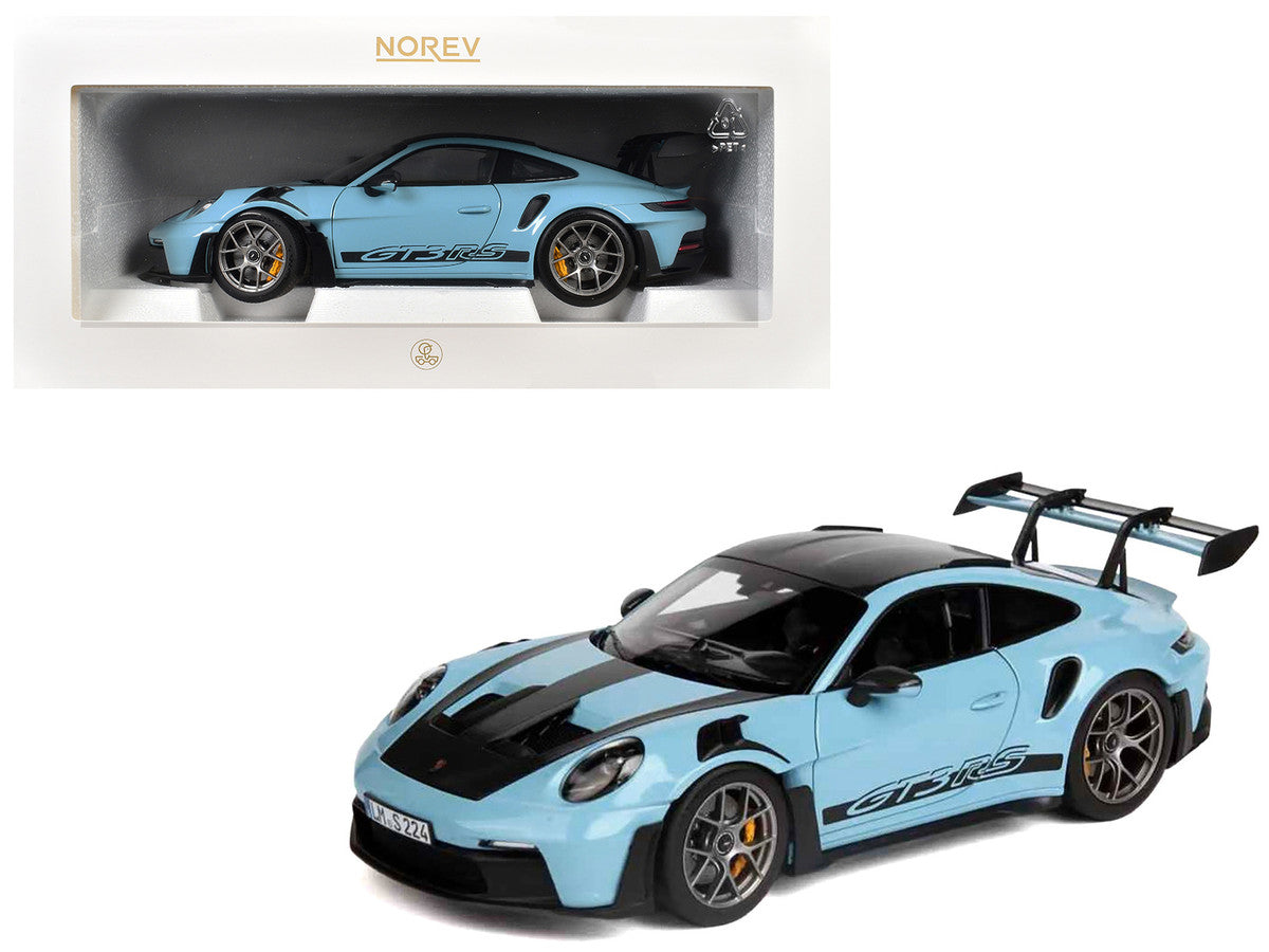 2022 Porsche 911 GT3 RS Weissach Pack Gulf Blue with Carbon Top and Hood Stripes 1/18 Diecast Model Car by Norev by Norev