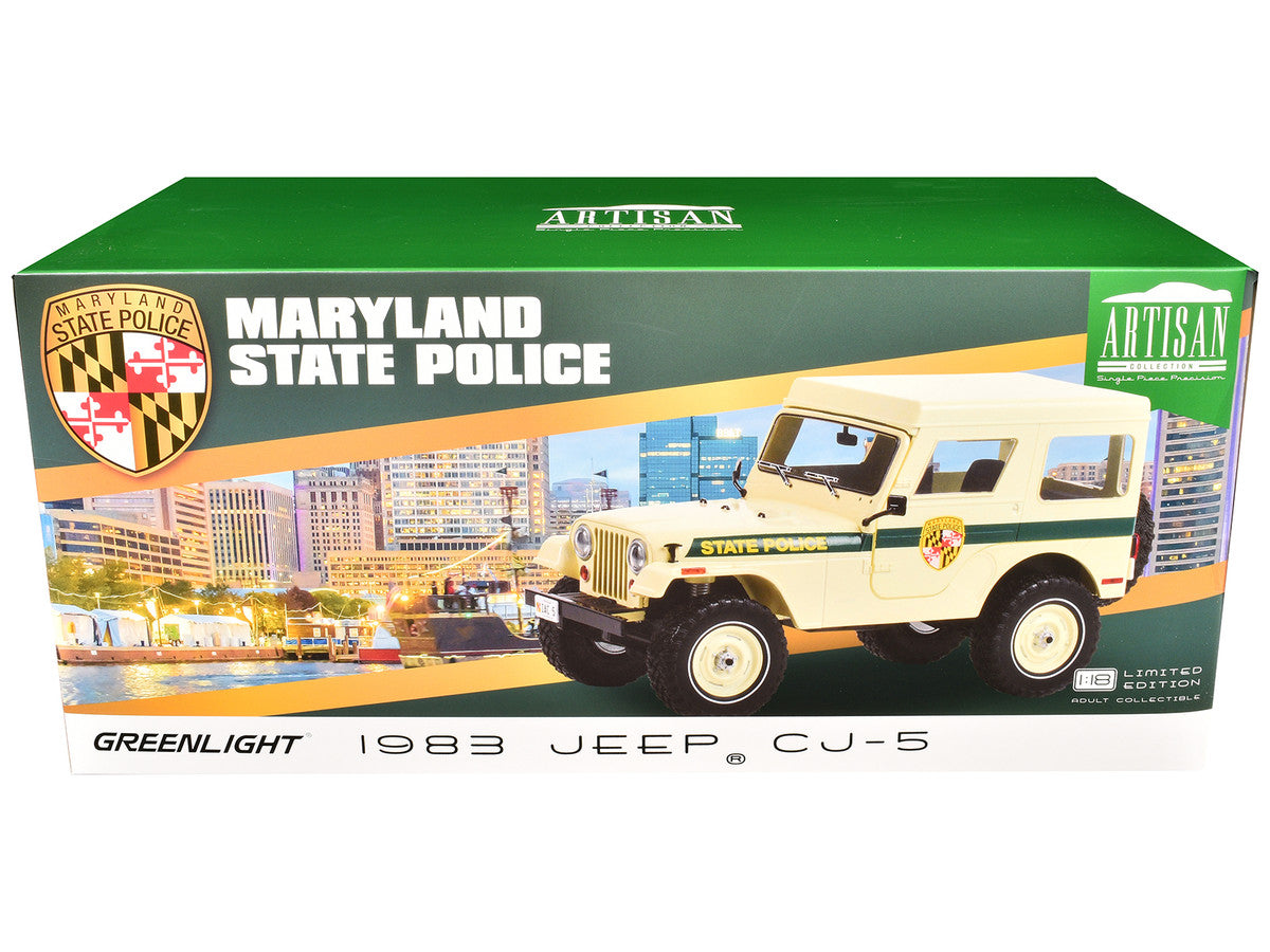 1983 Jeep CJ-5 Hardtop "Maryland State Police" Beige with Green Stripes "Artisan Collection" Series 1/18 Diecast Model Car by Greenlight by Greenlight