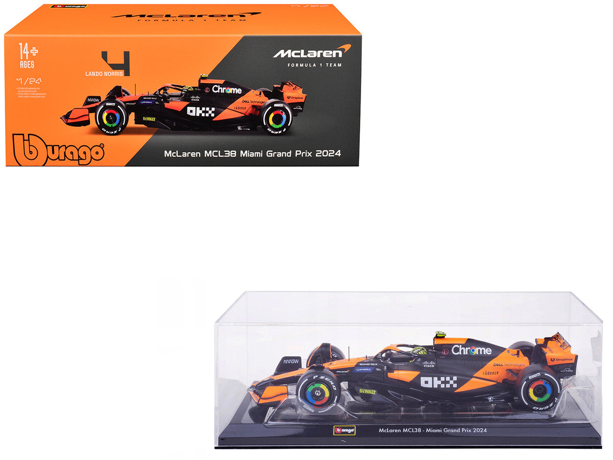 McLaren MCL38 #4 Lando Norris "OKX" Winner Formula One F1 "Miami GP" (2024) with Display Case 1/24 Diecast Model Car by Bburago by Bburago