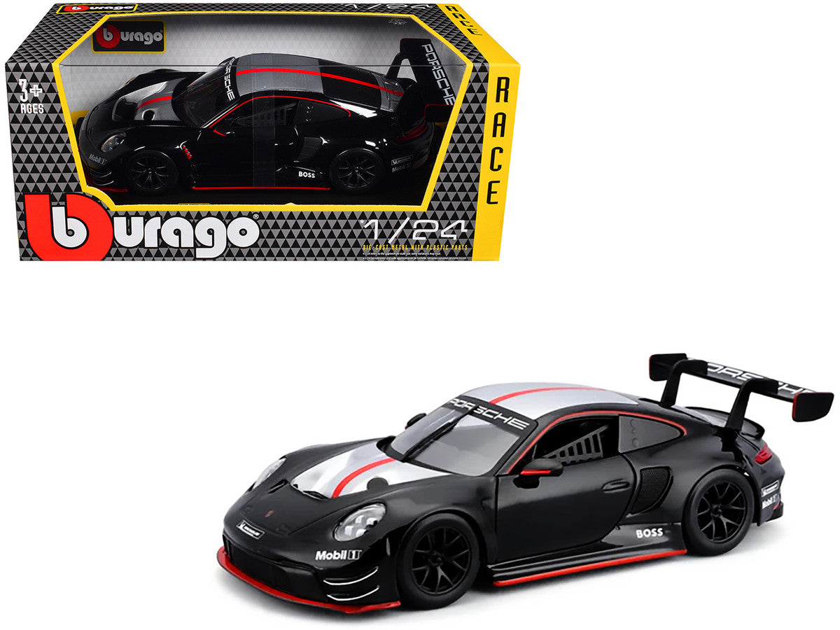 Porsche 911 GT3 R Black with Silver Hood and Top and Red Stripe "Race" Series 1/24 Diecast Model Car by Bburago by Bburago