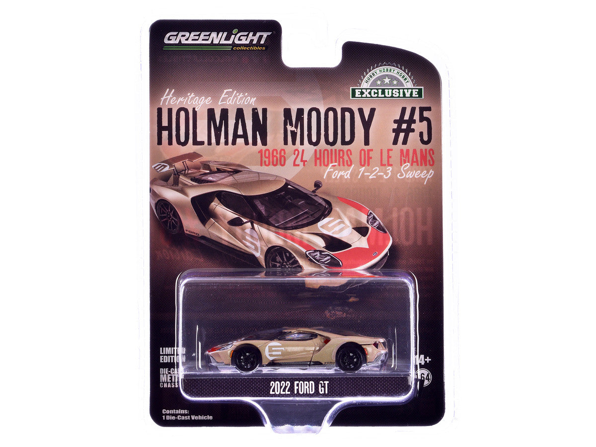 2022 Ford GT Heritage Edition #5 Holman-Moody "1966 24 Hours of Le Mans Ford 1-2-3 Sweep Tribute" Gold Metallic with Red Accents "Hobby Exclusive" Series 1/64 Diecast Model Car by Greenlight by Greenlight