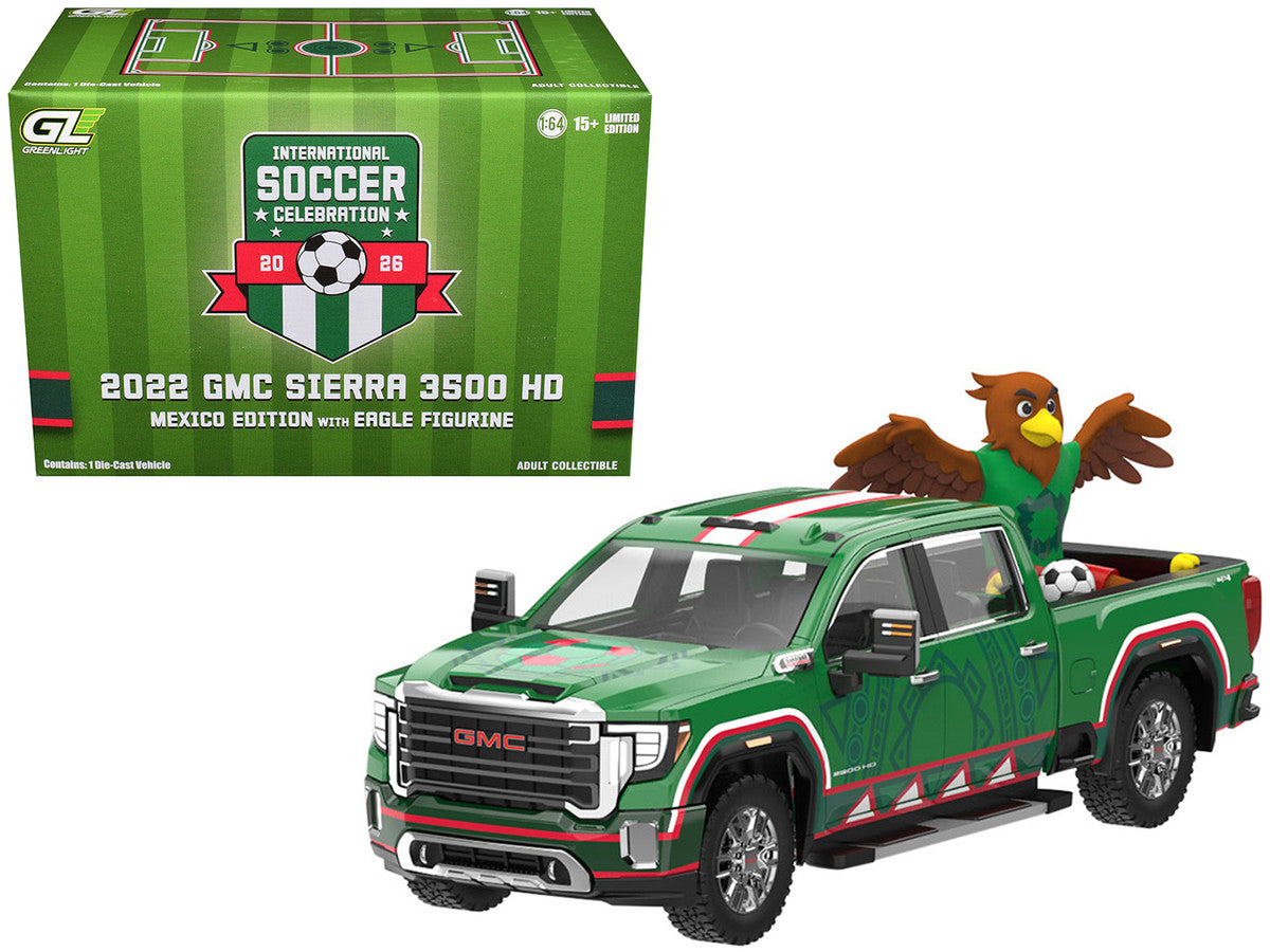 2022 GMC Sierra 3500 HD Pickup Truck Green with Mexican Soccer Graphics with Eagle Figure "International Soccer Celebration '26" Series 1/64 Diecast Model Car by Greenlight by Greenlight