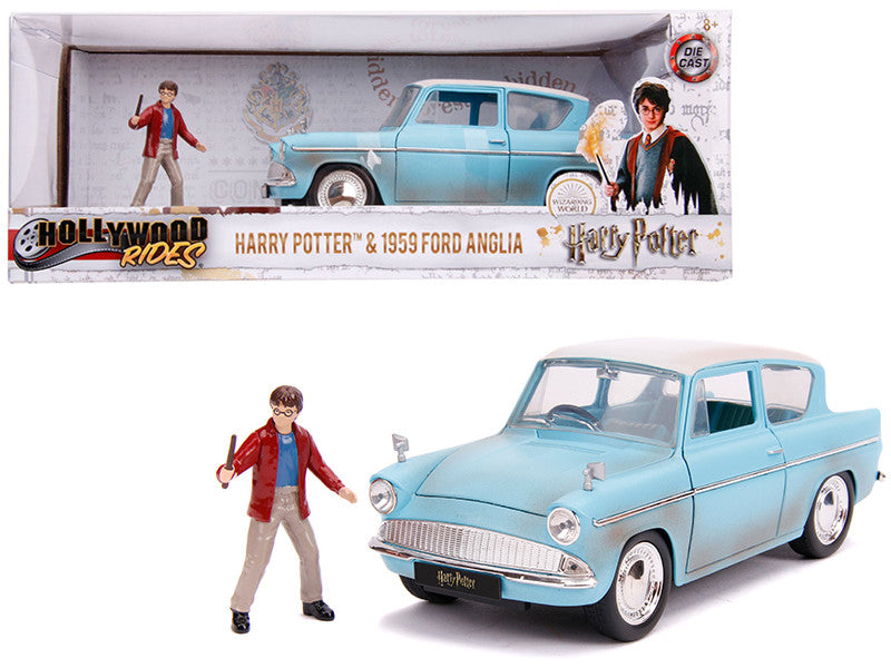 1959 Ford Anglia Light Blue (Weathered) with Harry Potter Diecast Figurine 1/24 Diecast Model Car by Jada by Jada