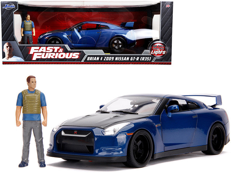 2009 Nissan GT-R (R35) Blue Metallic and Carbon with Lights and Brian Figurine "Fast & Furious" Movie 1/18 Diecast Model Car by Jada by Jada