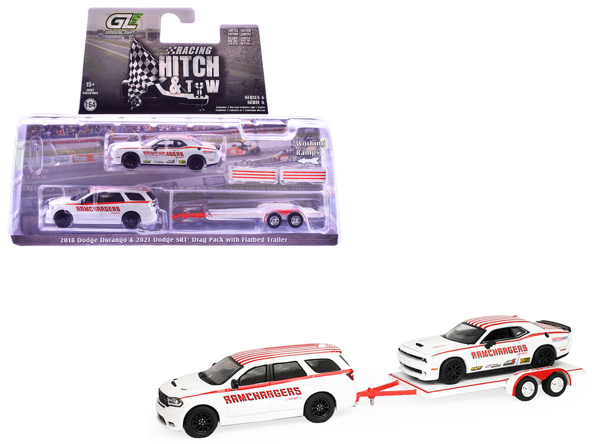 2018 Dodge Durango White with Red Stripes and 2021 Dodge Challenger SRT White with Red Stripes "Ramchargers" with Flatbed Trailer "Racing Hitch & Tow" Series 6 1/64 Diecast Model Cars by Greenlight by Greenlight