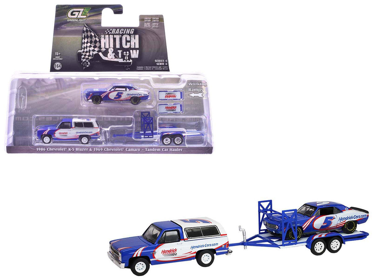 1986 Chevrolet K5 Blazer Blue and White and 1969 Chevrolet Camaro #5 Blue and White "Kyle Larson - Hendrick Motorsports" with Tandem Car Trailer "Racing Hitch & Tow" Series 6 1/64 Diecast Model Cars by Greenlight by Greenlight