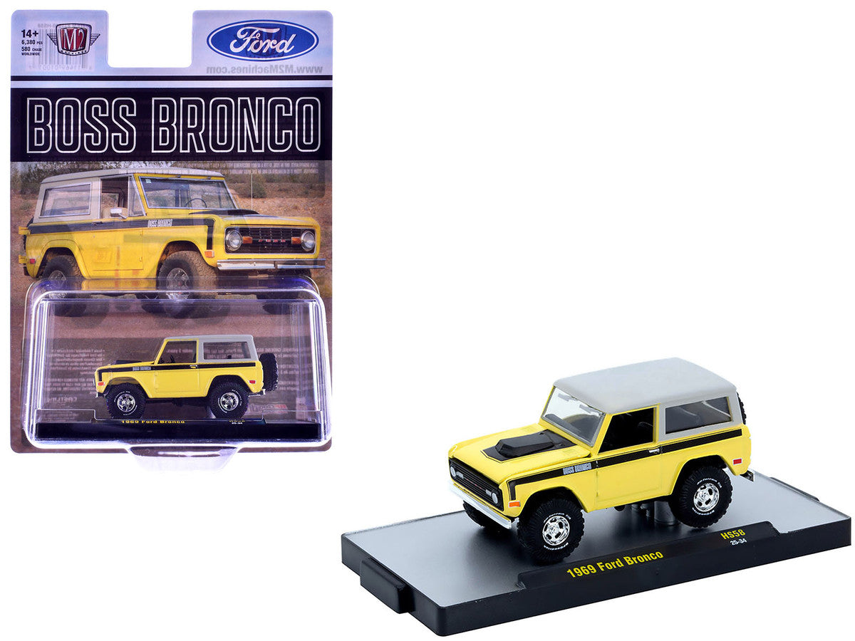 1969 Ford Bronco Yellow with Black Stripes and Gray Top Limited Edition to 6380 pieces Worldwide 1/64 Diecast Model Car by M2 Machines by M2