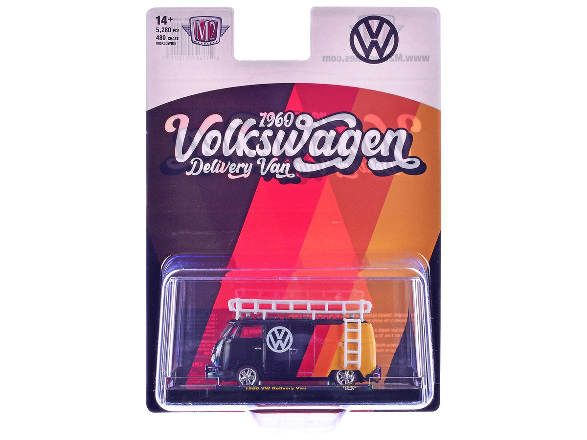 1960 Volkswagen Delivery Van Black with Stripes and White Roof Rack Limited Edition to 5280 pieces Worldwide 1/64 Diecast Model Car by M2 Machines by M2