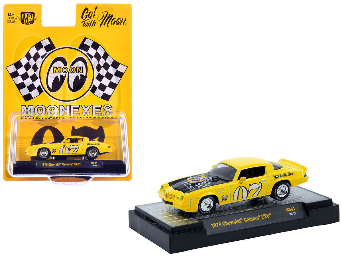 1979 Chevrolet Camaro Z/28 "MoonEyes" Yellow with Black Hood and Graphics Limited Edition to 10428 pieces Worldwide 1/64 Diecast Model Car by M2 Machines by M2