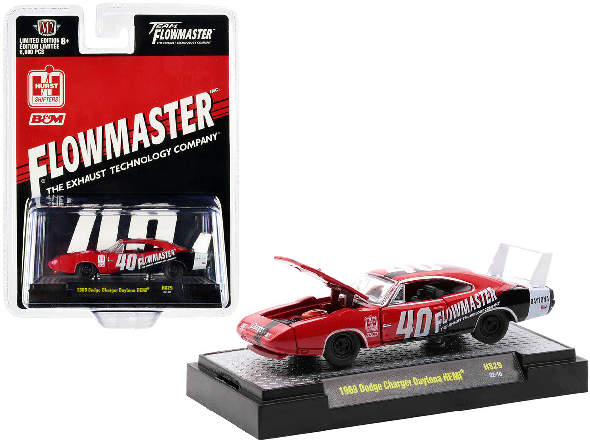 1969 Dodge Charger Daytona HEMI #40 Red with Graphics "Flowmaster" Limited Edition to 6600 pieces Worldwide 1/64 Diecast Model Car by M2 Machines by M2