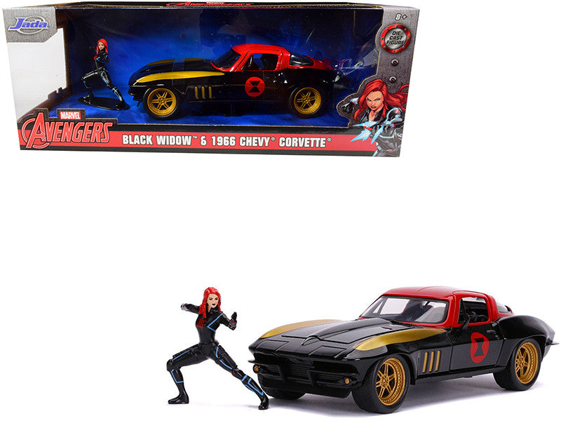 1966 Chevrolet Corvette with Black Widow Diecast Figurine "Avengers" "Marvel" Series 1/24 Diecast Model Car by Jada by Jada