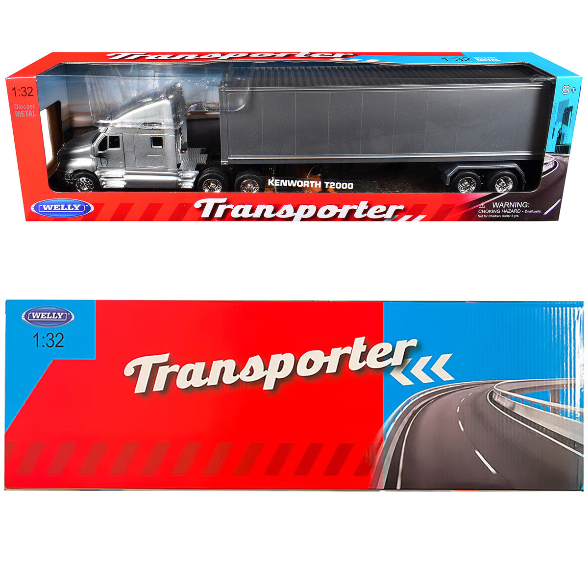 Kenworth T2000 Truck Silver Metallic with Gray Container "Transporter" Series 1/32 Diecast Model by Welly by Welly