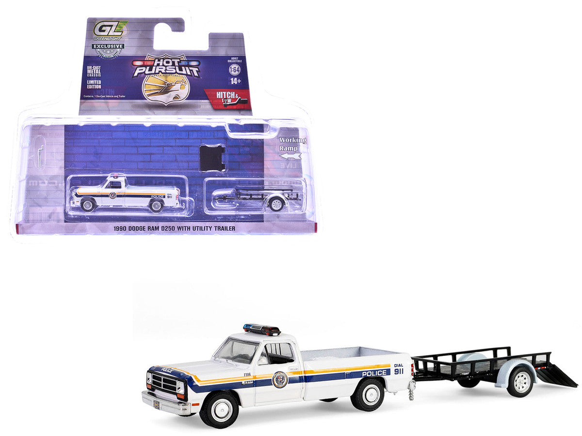 1990 Dodge Ram D250 Pickup Truck "Philadelphia PA Police Department" White with Stripes and Utility Trailer "Hot Pursuit Hitch & Tow" Series 1 1/64 Diecast Model Cars by Greenlight by Greenlight