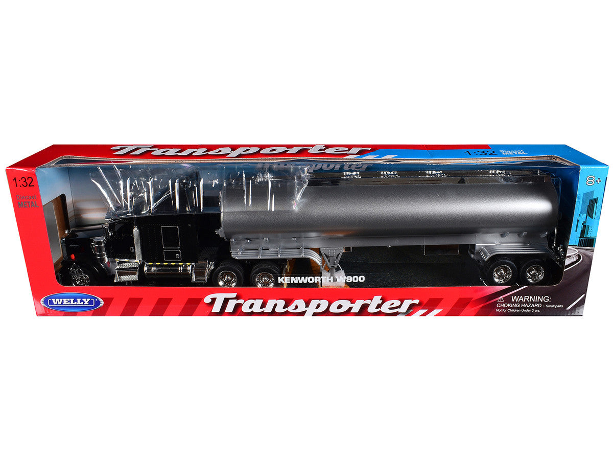 Kenworth W900 Truck Black with Silver Tanker Trailer "Transporter" Series 1/32 Diecast Model by Welly by Welly