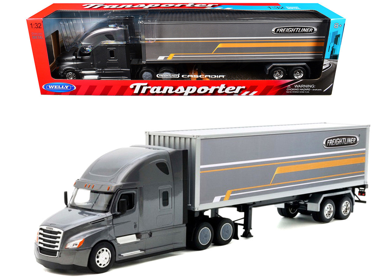 Freightliner Cascadia Truck Gray Metallic with Gray Container with Graphics "Transporter" Series 1/32 Diecast Model by Welly by Welly