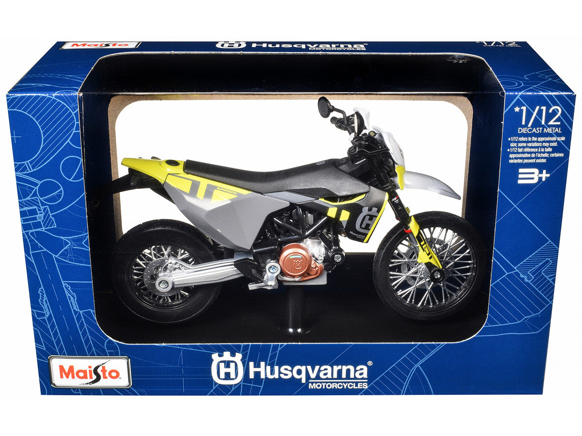 2023 Husqvarna 701 Supermoto Motorcycle Matt Black and Gray with Yellow and White Accents with Display Base 1/12 Diecast Model by Maisto by Maisto
