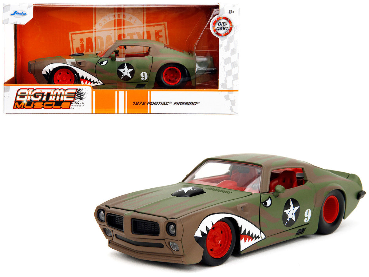 1972 Pontiac Firebird #9 Green Camouflage Flames with Graphics and Red Interior "Bigtime Muscle" Series 1/24 Diecast Model Car by Jada by Jada