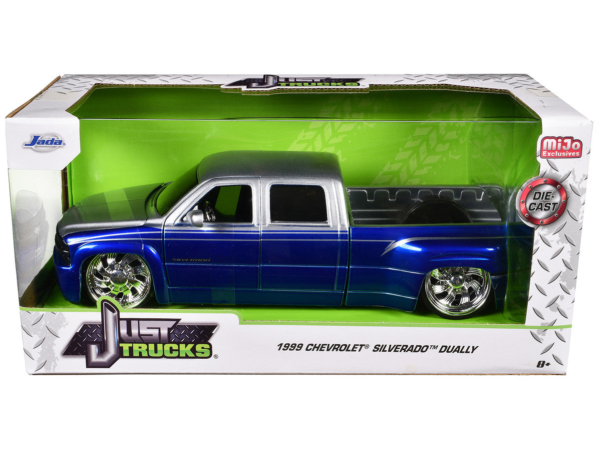 1999 Chevrolet Silverado Dually Pickup Truck Blue Metallic and Silver with Custom KMC Wheels "Just Trucks" Series 1/24 Diecast Model Car by Jada by Jada