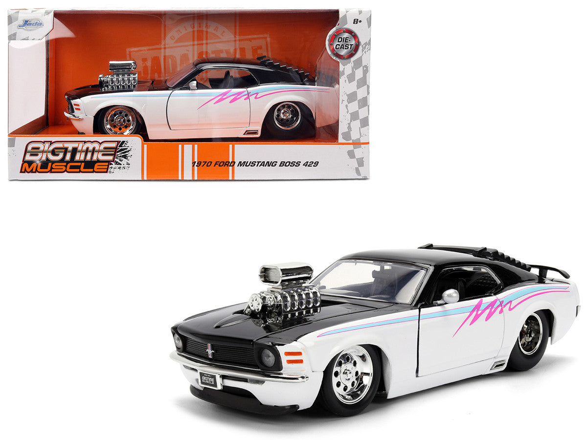 1970 Ford Mustang Boss 429 Black and White with Graphics "Bigtime Muscle" Series 1/24 Diecast Model Car by Jada by Jada