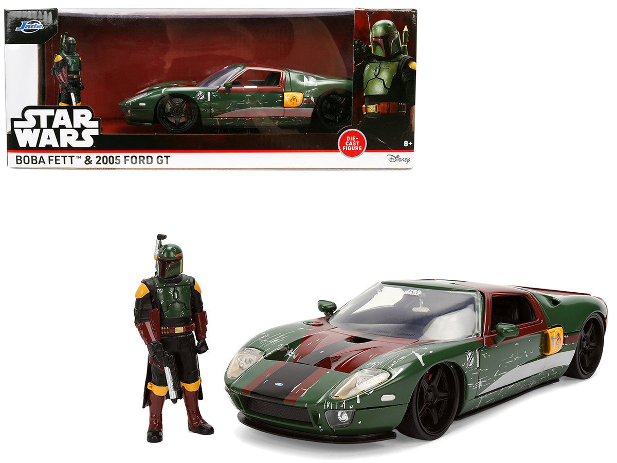 2005 Ford GT Green (Weathered) with Graphics and Boba Fett Figure "Star Wars" Franchise "Hollywood Rides" Series 1/24 Diecast Model Car by Jada by Jada