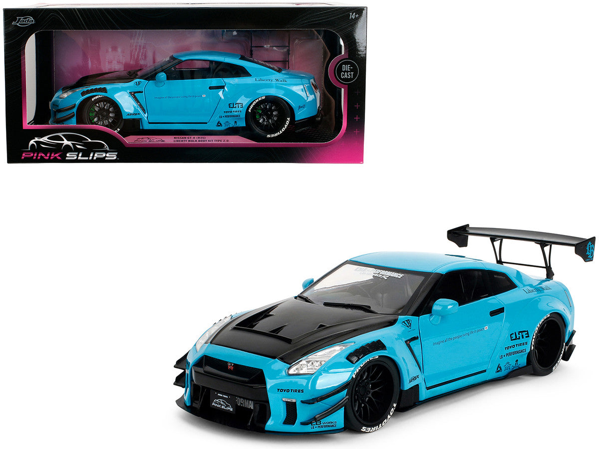 Nissan GT-R (R35) Liberty Walk Body Kit 2.0 RHD (Right Hand Drive) Blue with Black Hood "Pink Slips" Series 1/18 Diecast Model Car by Jada by Jada
