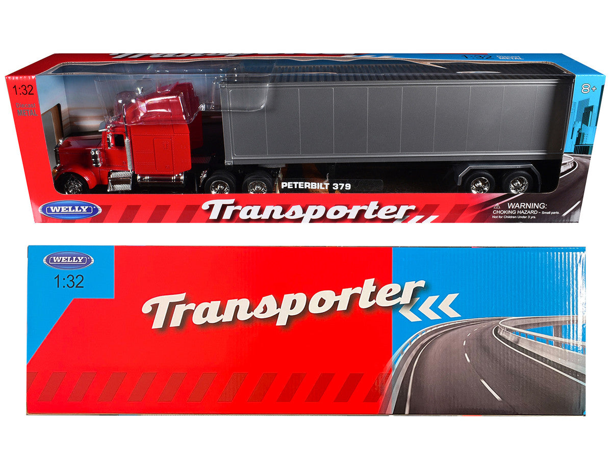 Peterbilt 379 Truck Red with Silver Container "Transporter" Series 1/32 Diecast Model by Welly by Welly