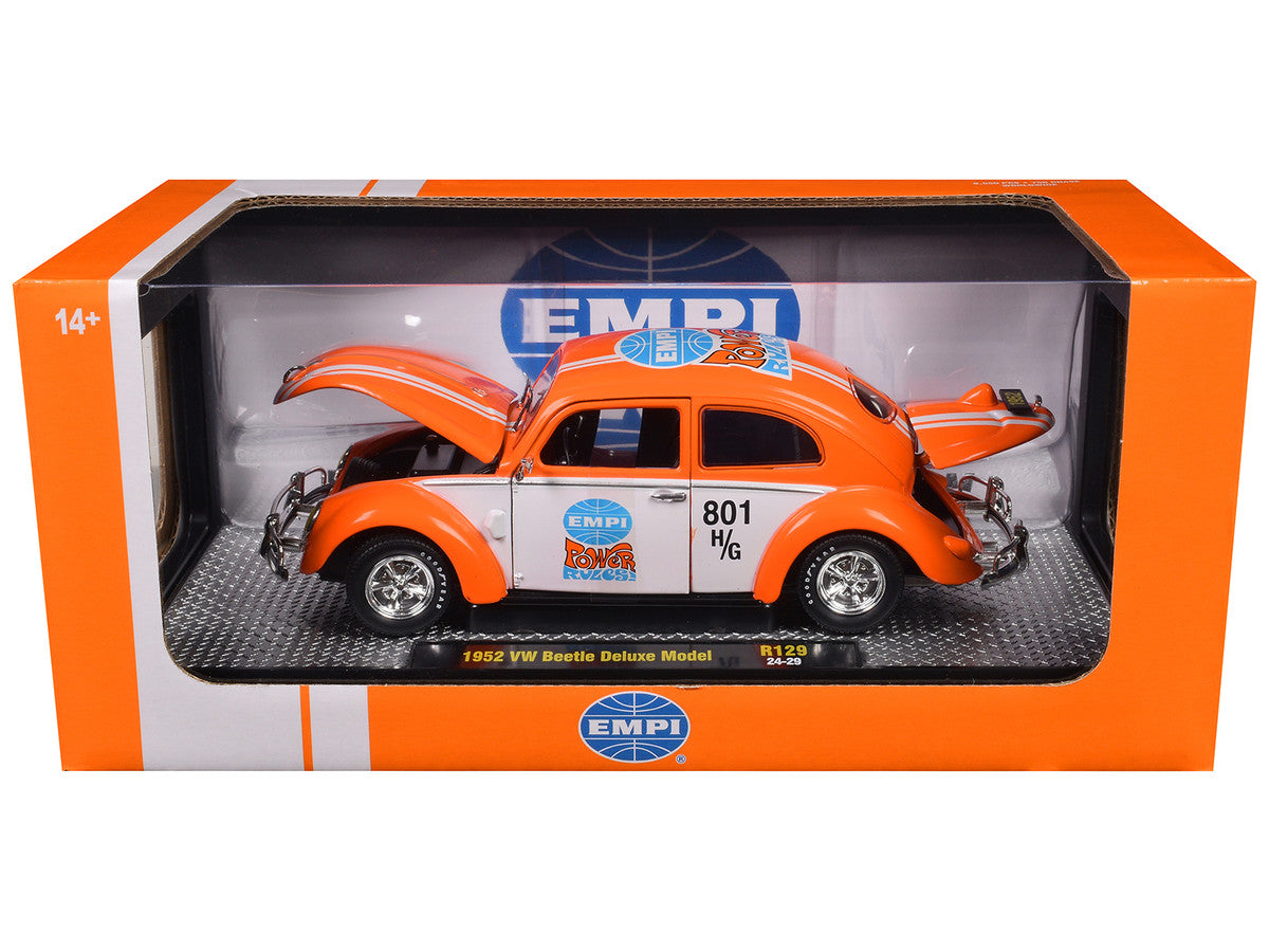 1952 Volkswagen Beetle Deluxe Model "EMPI Power Rules" Orange and White with Graphics Limited Edition to 6650 pieces Worldwide 1/24 Diecast Model Car by M2 Machines by M2