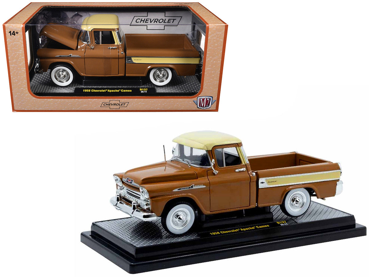 1958 Chevrolet Apache Cameo Pickup Truck Brown with Beige Top Limited Edition to 5250 pieces Worldwide 1/24 Diecast Model Car by M2 Machines by M2