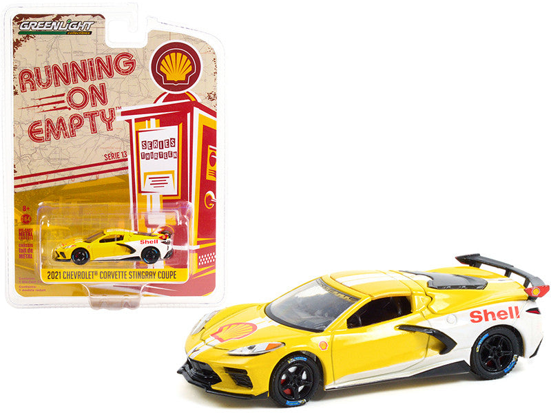 2021 Chevrolet Corvette C8 Stingray Coupe "Shell Oil" Yellow and White "Running on Empty" Series 13 1/64 Diecast Model Car by Greenlight by Greenlight