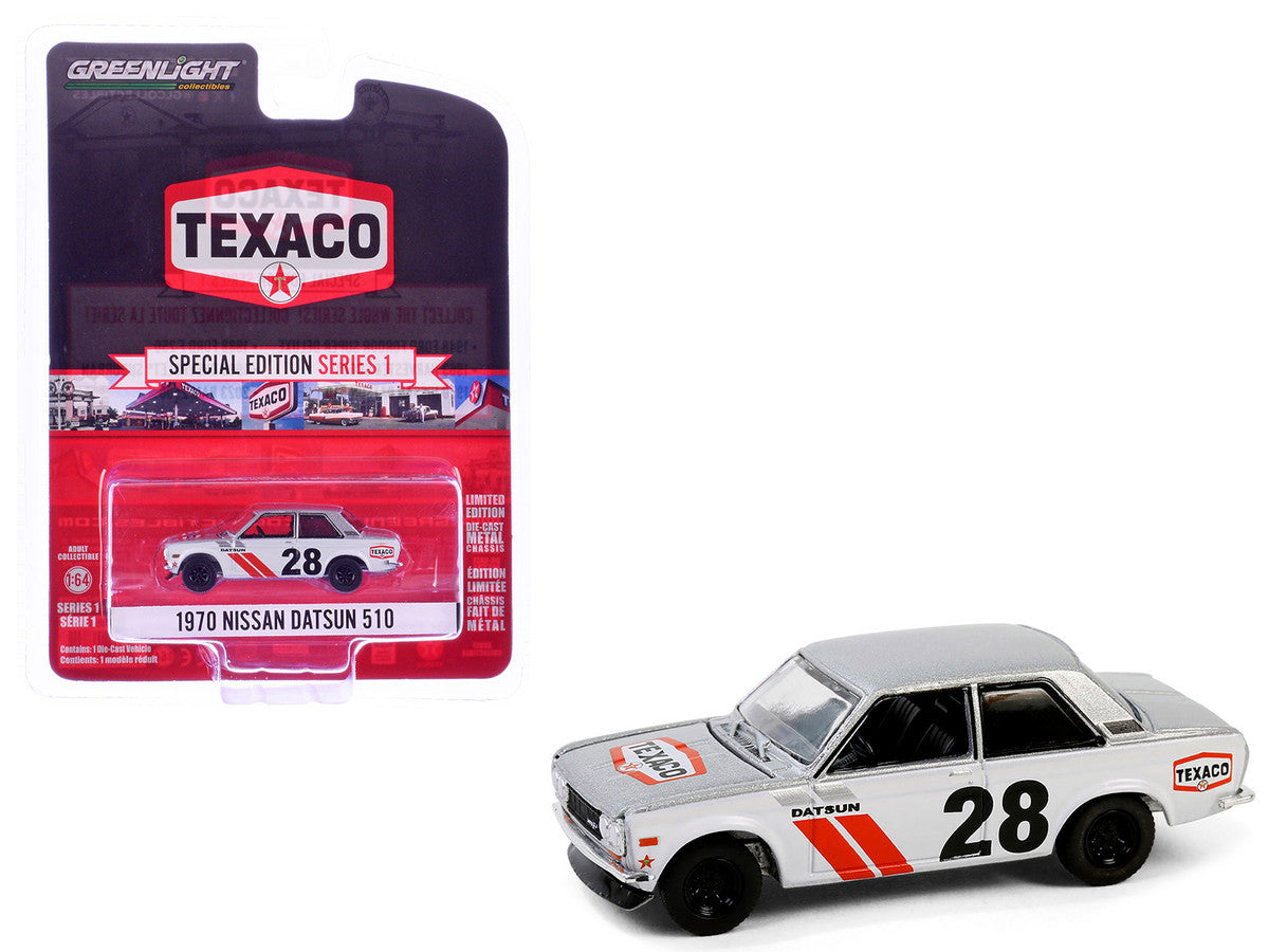 1970 Nissan Datsun 510 #28 "Texaco" Silver Metallic and White with Red Stripes "Texaco Special Edition" Series 1 1/64 Diecast Model Car by Greenlight by Greenlight