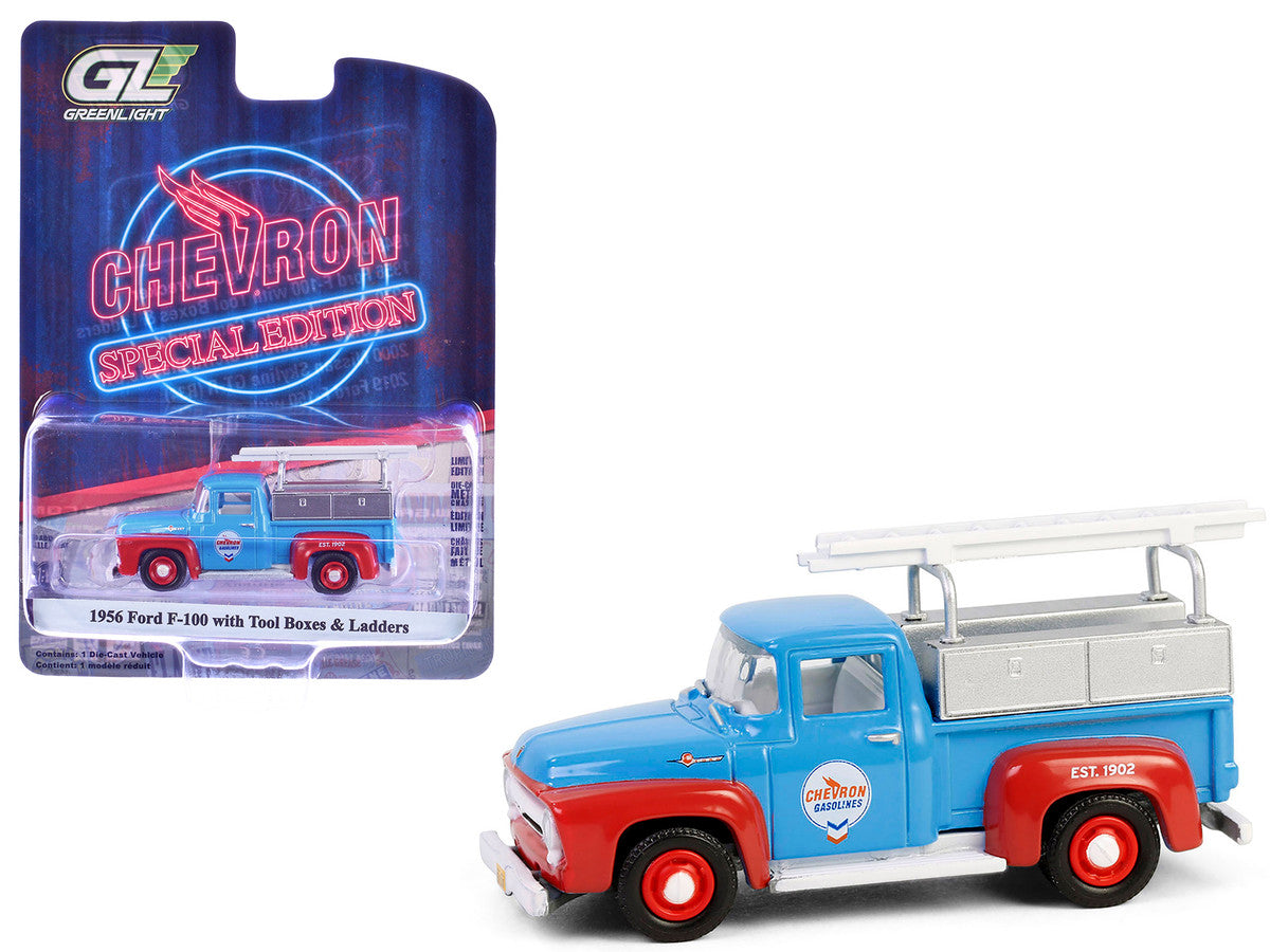 1956 Ford F-100 Pickup Truck with Tool Boxes and Ladders "Chevron" Blue and Red "Chevron Special Edition" Series 1 1/64 Diecast Model Car by Greenlight by Greenlight