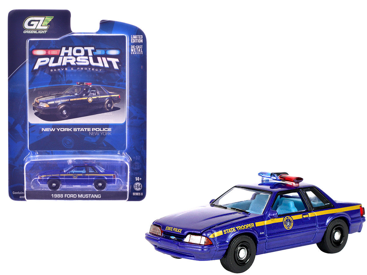 1988 Ford Mustang "New York State Police" Blue with Yellow Stripes and Blue Interior "Hot Pursuit" Series 8 1/64 Diecast Model Car by Greenlight by Greenlight