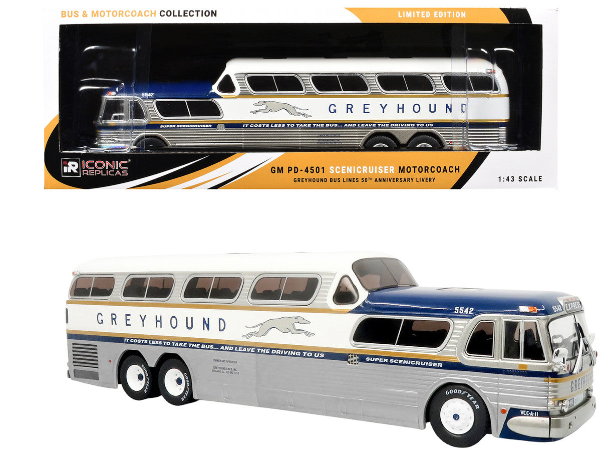 GM PD-4501 Scenicruiser Coach Bus "Greyhound Bus Lines - 50th Anniversary" Raw Metal with Blue and White Top and Gold Stripes "The Bus & Motorcoach Collection" 1/43 Plastic Model by Iconic Replicas by Iconic Replicas