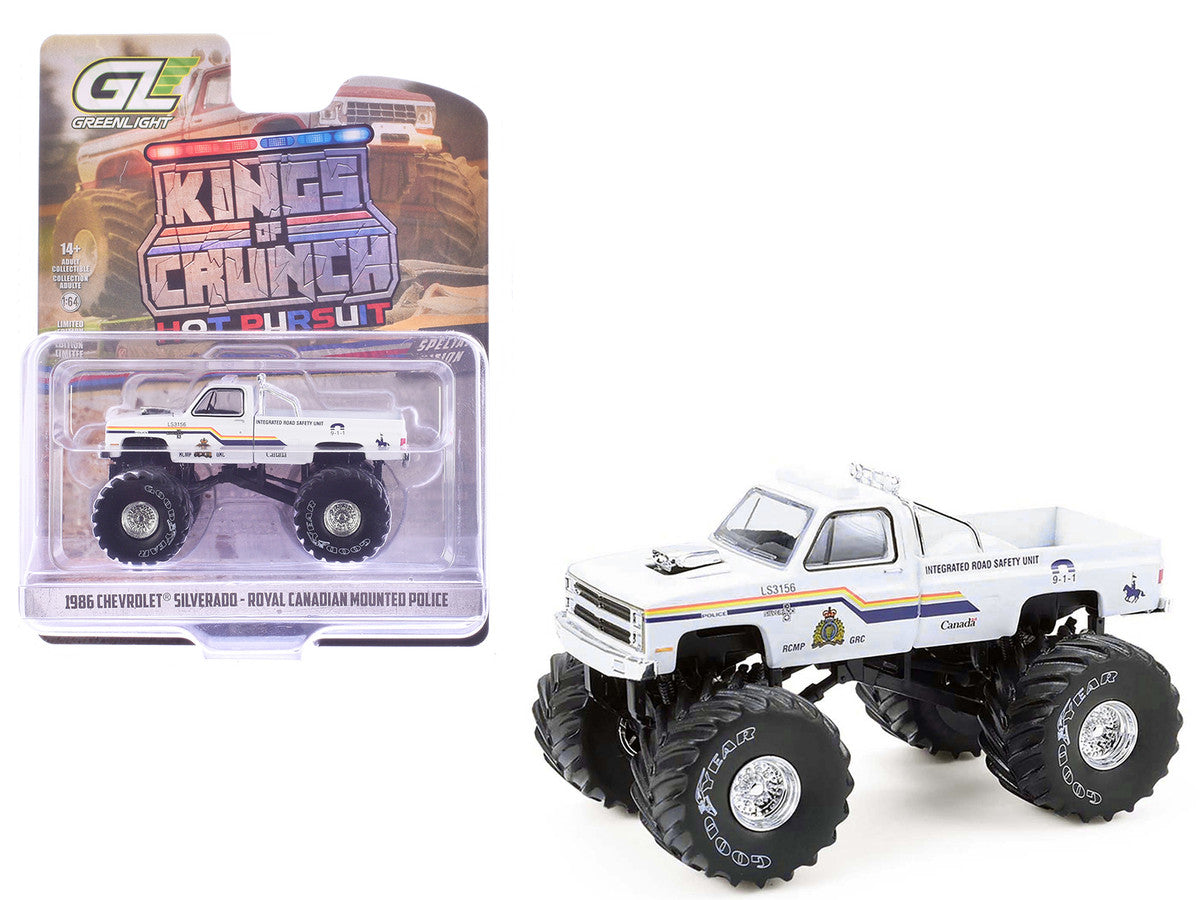 1986 Chevrolet Silverado Monster Truck "Royal Canadian Mounted Police" White with Stripes "Kings of Crunch - Hot Pursuit" Special Edition 1/64 Diecast Model Car by Greenlight by Greenlight