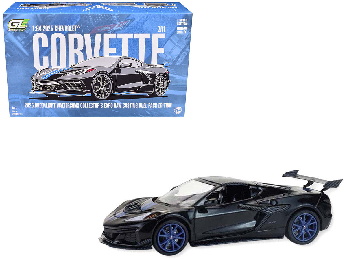 2025 Chevrolet Corvette C8 ZR1 Black with Blue Stripes with Raw Casting Dual Pack "2025 Greenlight Waltersons Collector's Expo Exclusive" 1/64 Diecast Model Car by Greenlight by Greenlight