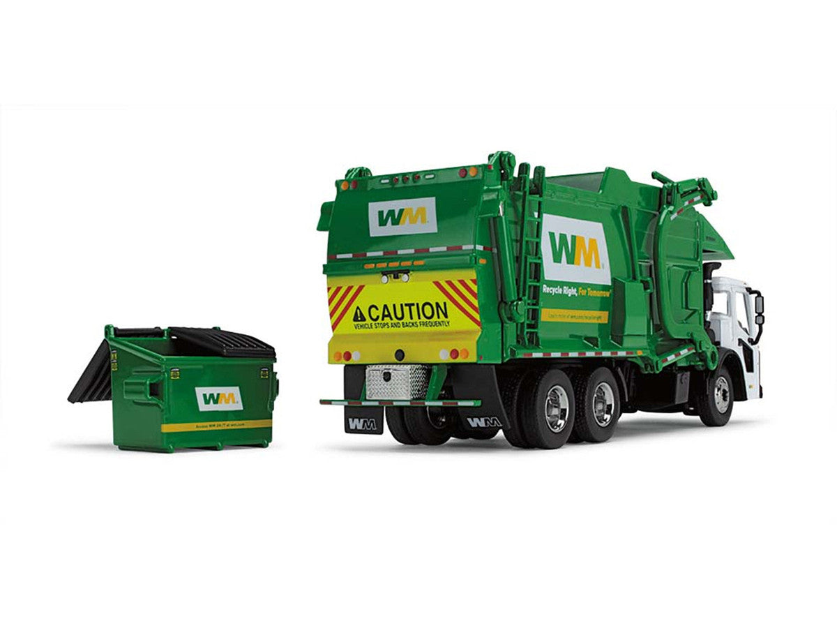 Mack LR Garbage Truck with McNeilus Meridian Front Load Refuse Body White and Green with Refuse Bin "Waste Management" 1/64 Diecast Model by First Gear by First Gear