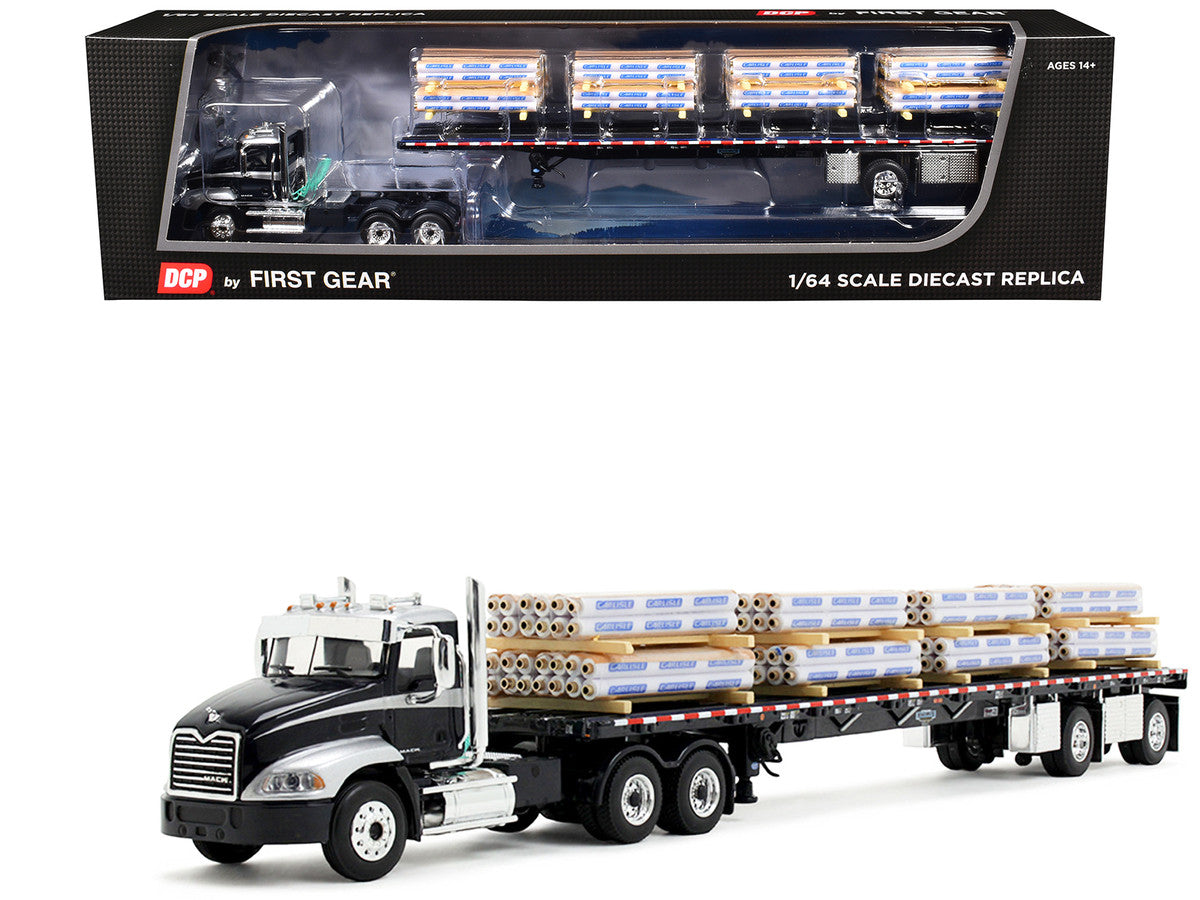 Mack Pinnacle Day Cab with Minimizer Parts & 53' Wilson Roadbrute Flatbed Trailer with "Carlisle Roofing" Loaded Pallets Black with Silver Top and Stripes 1/64 Diecast Model by DCP/First Gear by First Gear