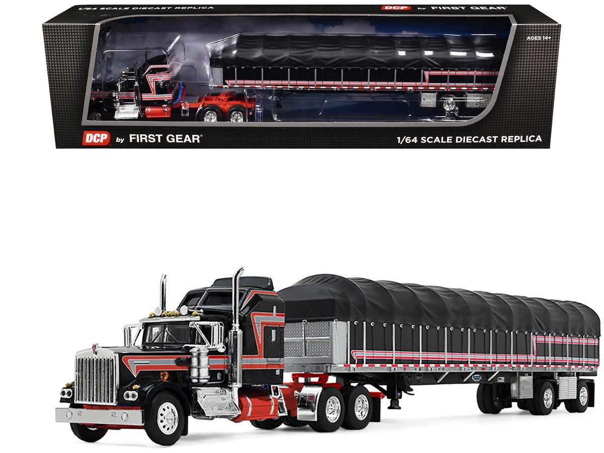 Kenworth W900A with 60" Aerodyne Sleeper and 53’ Wilson Roadbrute Flatbed Trailer with Covered Wagon Black with Red Stripes 1/64 Diecast Model by DCP/First Gear by First Gear