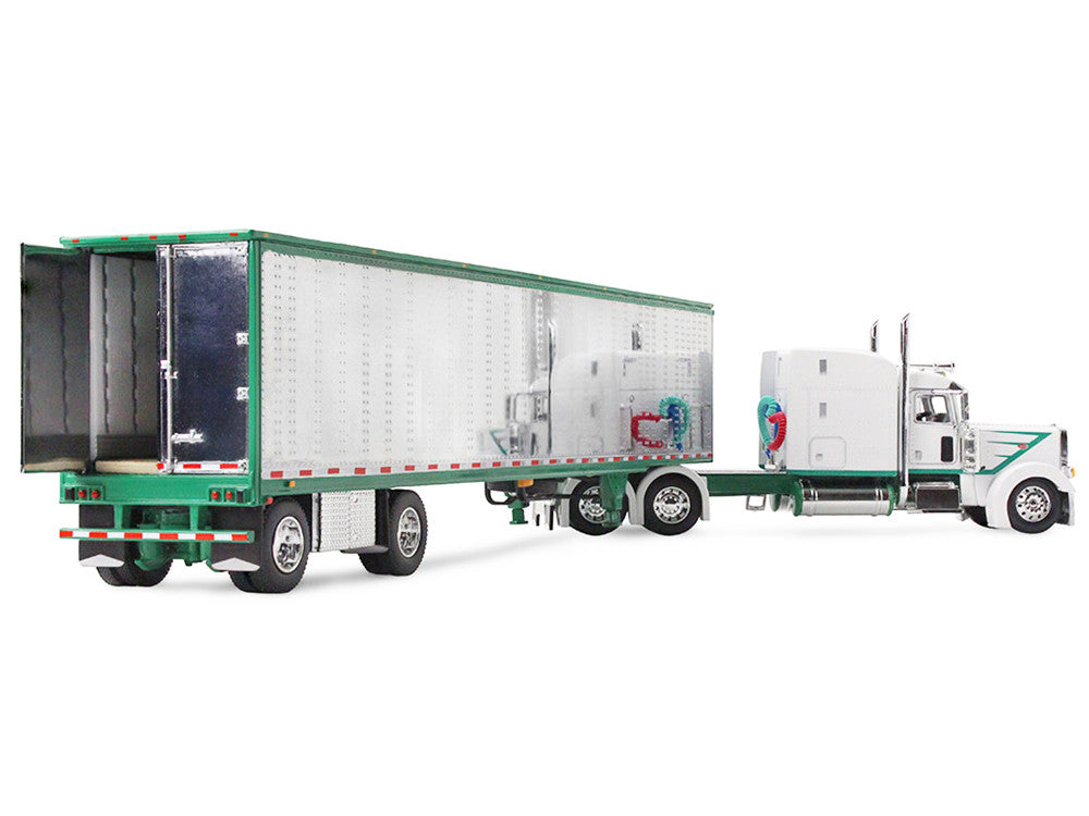 Peterbilt 389 with 63" Mid-Roof Sleeper and 53' Utility Trailer White with Green Stripes 1/64 Diecast Model by DCP/First Gear by First Gear