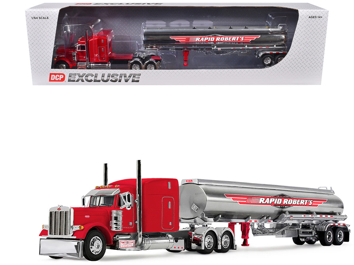 Peterbilt 379 with 63" Mid-Roof Sleeper and Heil Fuel Tank Trailer "Rapid Roberts" Red 1/64 Diecast Model by DCP/First Gear by First Gear