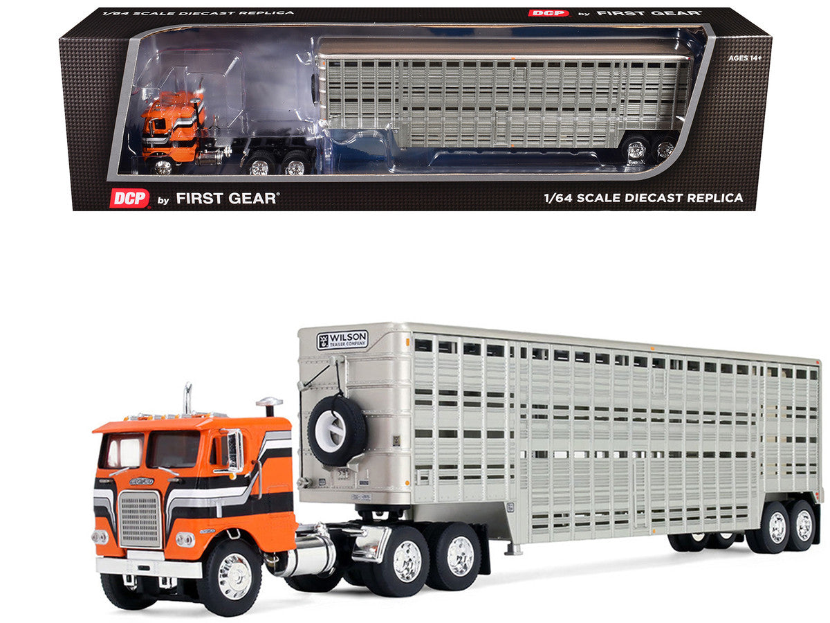 Freightliner COE and 45' Wilson Vintage Livestock Trailer Orange with Stripes 1/64 Diecast Model by DCP/First Gear by First Gear